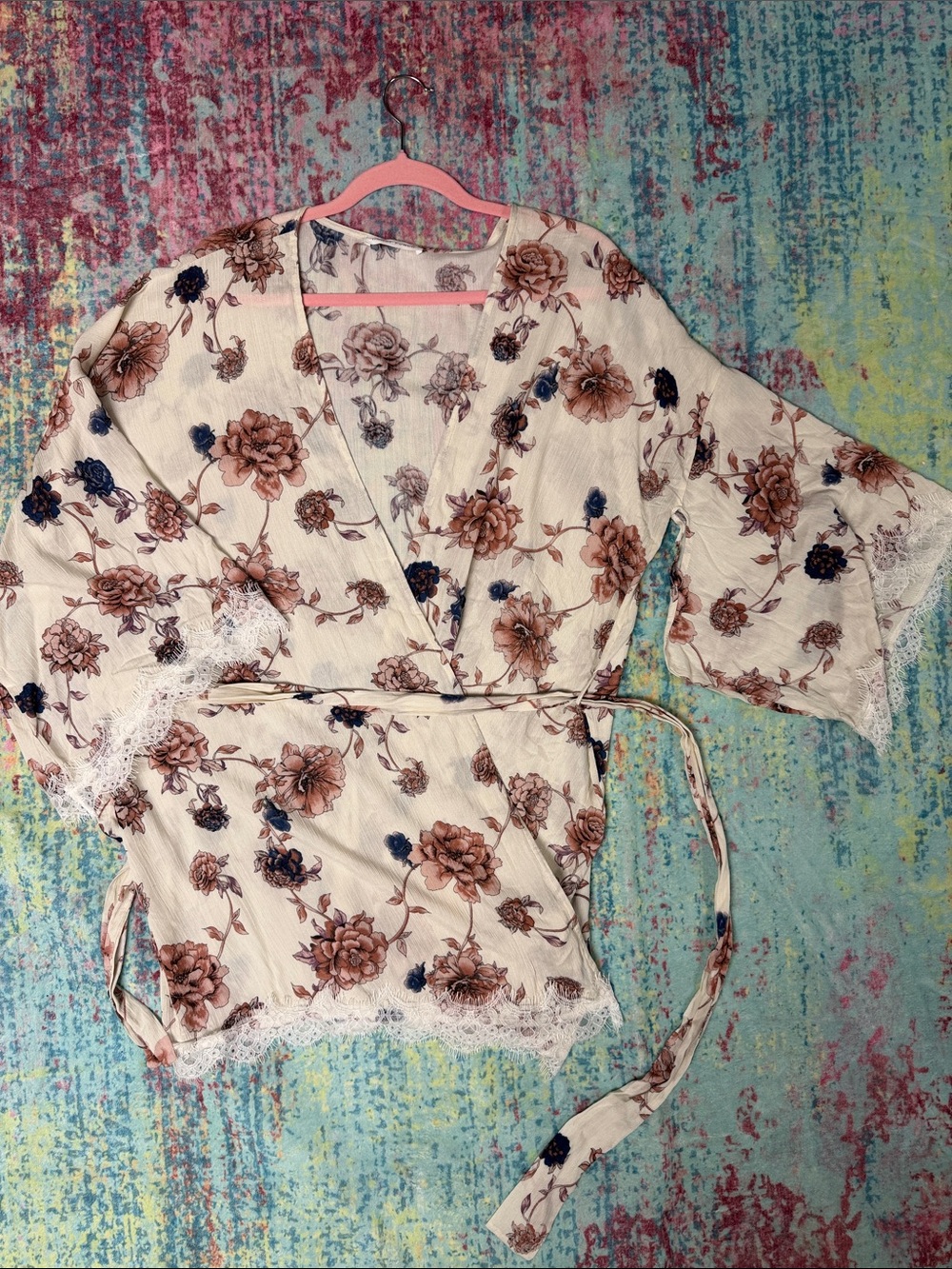 Honey Punch Cream Floral Blush & Navy Print Top